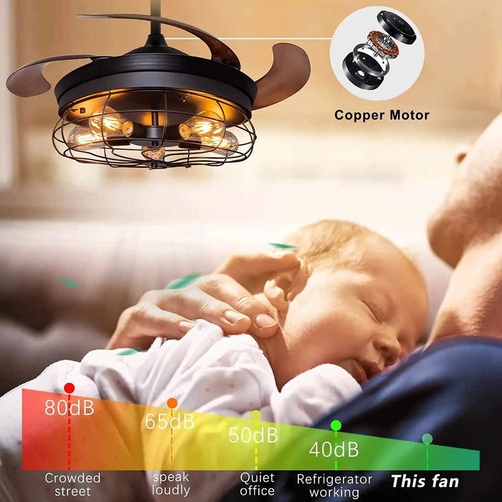 42''Retractable Blades Ceiling Fan with Lights and Remote Black Rustic Industrial Ceiling Fan Lamp for Patio Kitchen Living Room