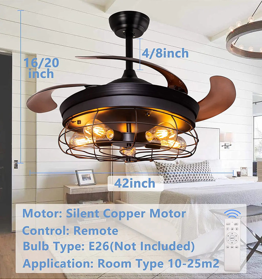 42''Retractable Blades Ceiling Fan with Lights and Remote Black Rustic Industrial Ceiling Fan Lamp for Patio Kitchen Living Room