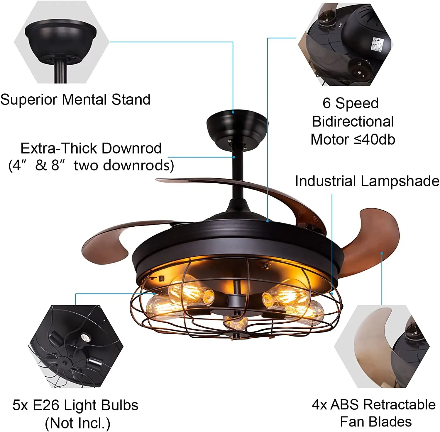 42''Retractable Blades Ceiling Fan with Lights and Remote Black Rustic Industrial Ceiling Fan Lamp for Patio Kitchen Living Room