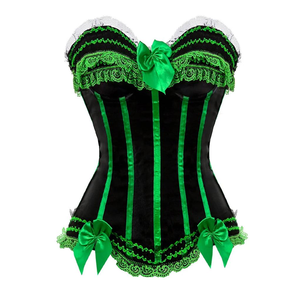 Sexy Satin Overbust Corset Top Lace Bowknot Decorated Clubwear Showgirl Body Shaper Plus Size