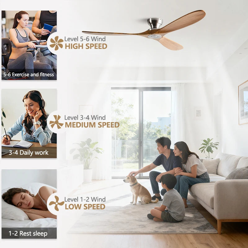 42/52/60inch Low Floor Ceiling Fan 3 wooden blade DC Motor Electric fan with Remote control for Living room dining room bedroom