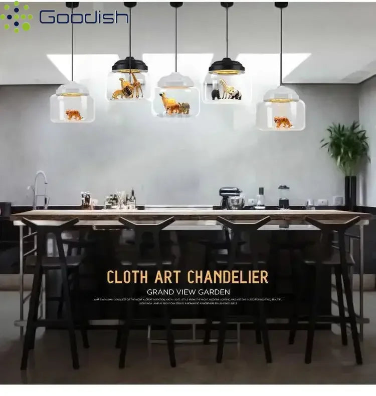 Modern Stylish Glass jar-shaped animal figurine LED Pendant Light Art Creative Lamps for Living Room Home Decoration Chandeliers