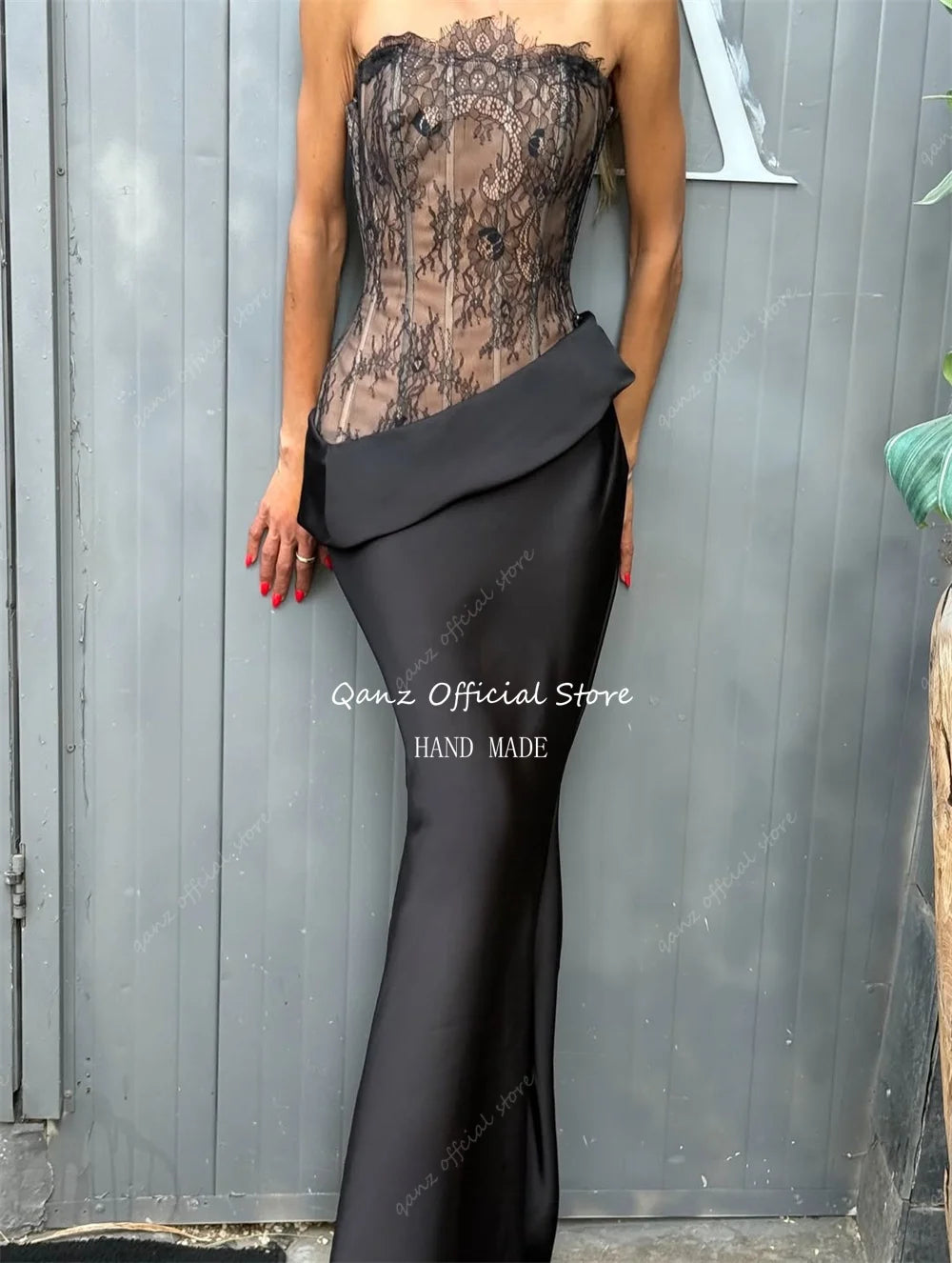 Qanz Modest Mermaid Evening Dress Strapless Lace Robe De Soirée Femme Sleeveless Long Women Vestidos De Gala 2026 Customized