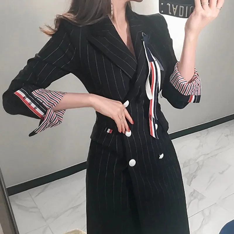Elegant Stripe Double-Breasted Waist-Cinching Jacket Korean Style Slim Fit Single-Breasted Coat New Hot Sale Of The Season Fashi