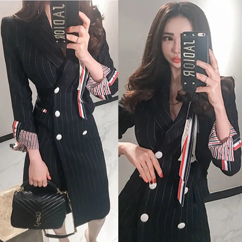 Elegant Stripe Double-Breasted Waist-Cinching Jacket Korean Style Slim Fit Single-Breasted Coat New Hot Sale Of The Season Fashi