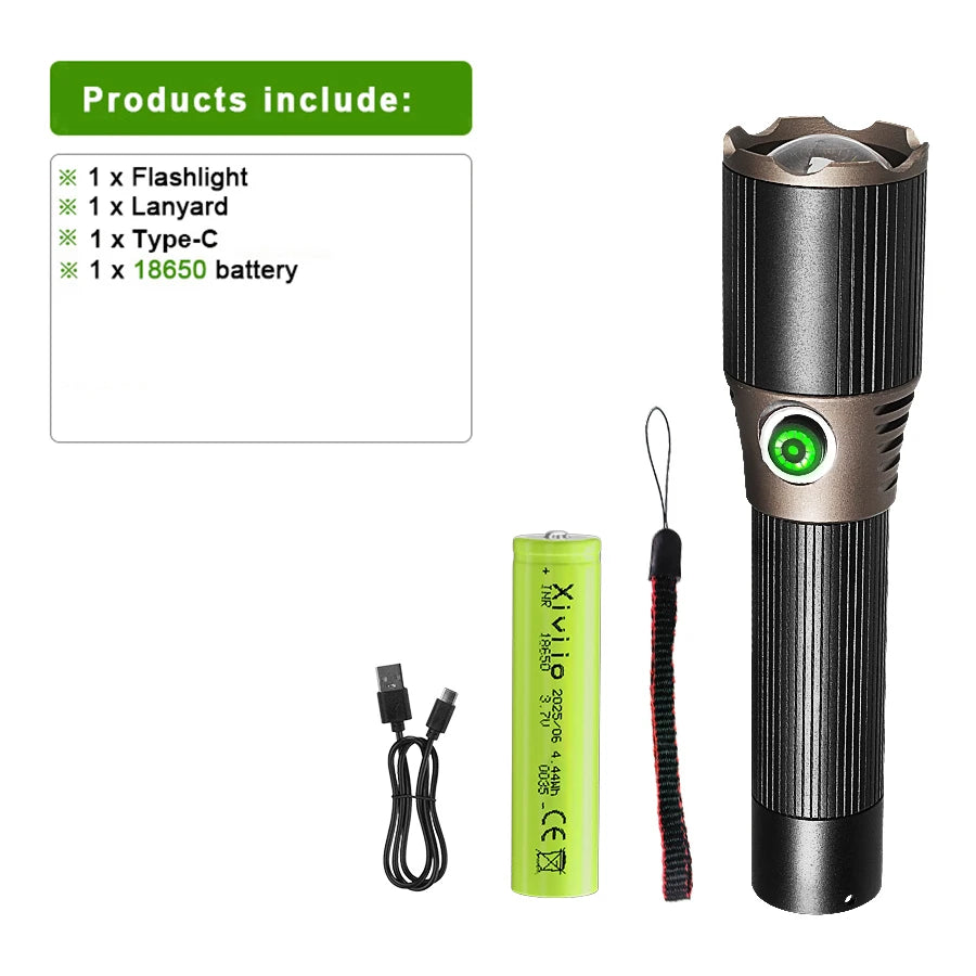 2026 Strong Light Portable Flashlight 18650 Rechargeable LED Torch Zoom Aluminum Alloy Flashlights 200000LM Super Bright Lantern