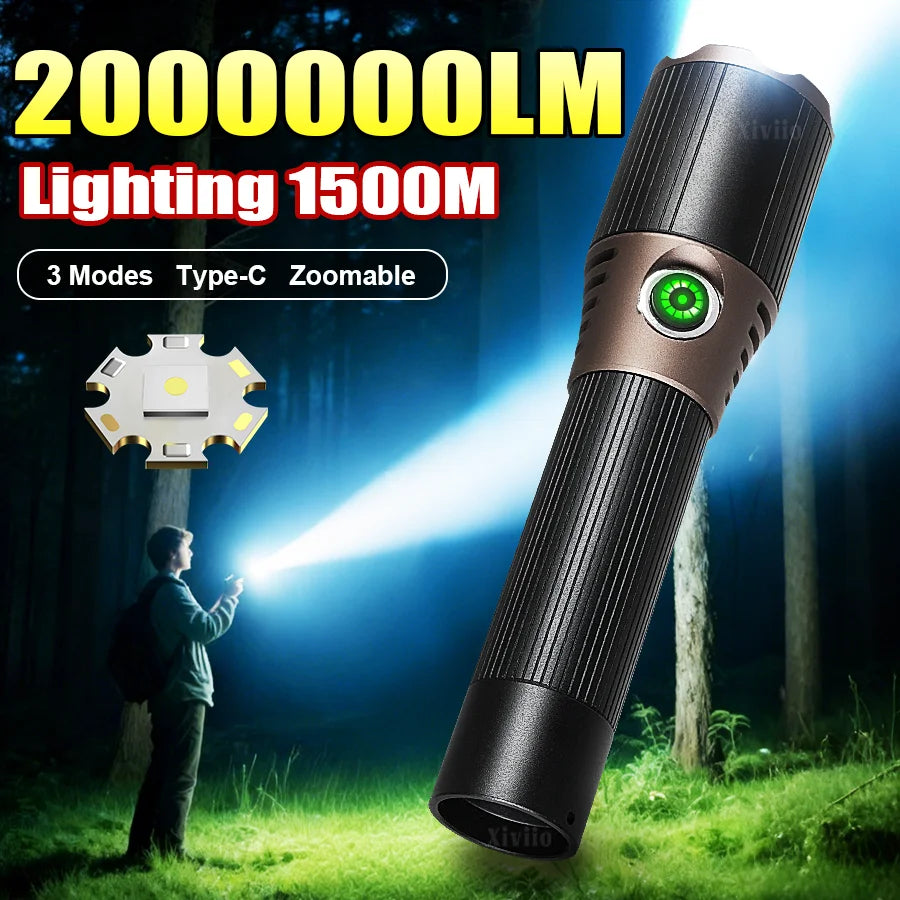 2026 Strong Light Portable Flashlight 18650 Rechargeable LED Torch Zoom Aluminum Alloy Flashlights 200000LM Super Bright Lantern