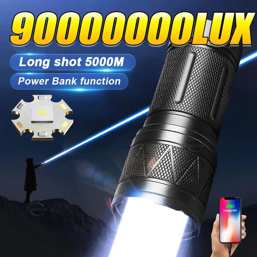 Portable 9000000 Powerful Flashlight Aluminum Alloy Built-in 3x18650 Battery Rechargeable Telescopic Zoom Torch With Power Bank