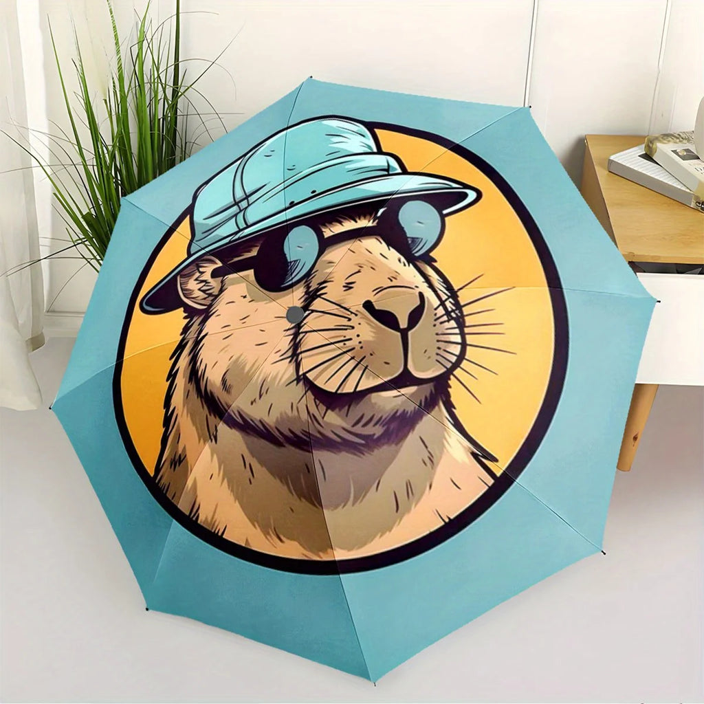 Folding umbrella Capybara wearing Fashion Glasses, blue hat, yellow background. Creative portable folding umbrella for Christm