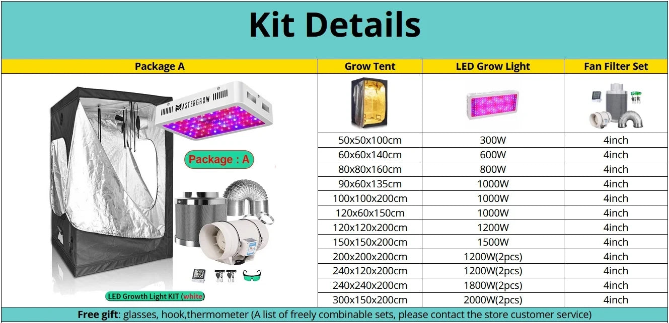 Grow Tent Growbox Hydroponics Growing System Led Grow Plant Lights Full Kits High PPFD 4Inch Duct Fans Activated Carbon Filter