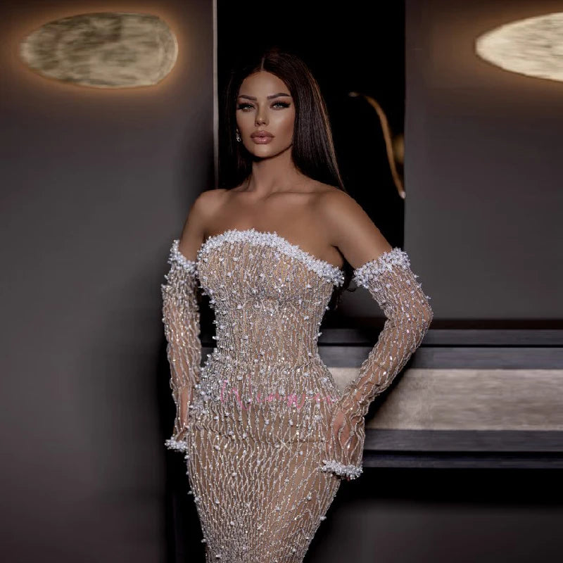 1Customized Champagne Mermaid Beaded Prom Dresses Arabic Party Dress Aso Ebi Pearls Evening Gowns With Gloves Robe De Soiree