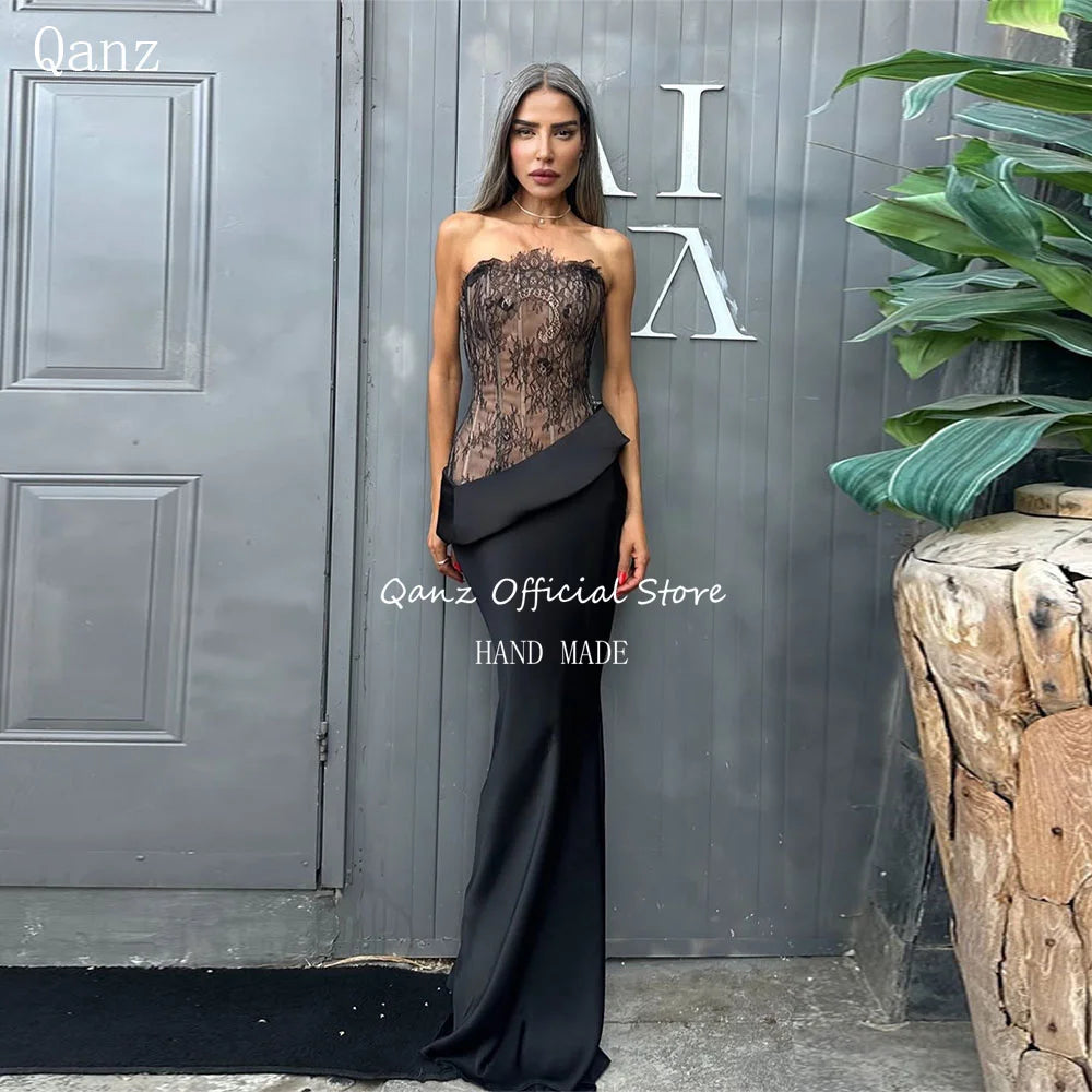 Qanz Modest Mermaid Evening Dress Strapless Lace Robe De Soirée Femme Sleeveless Long Women Vestidos De Gala 2026 Customized