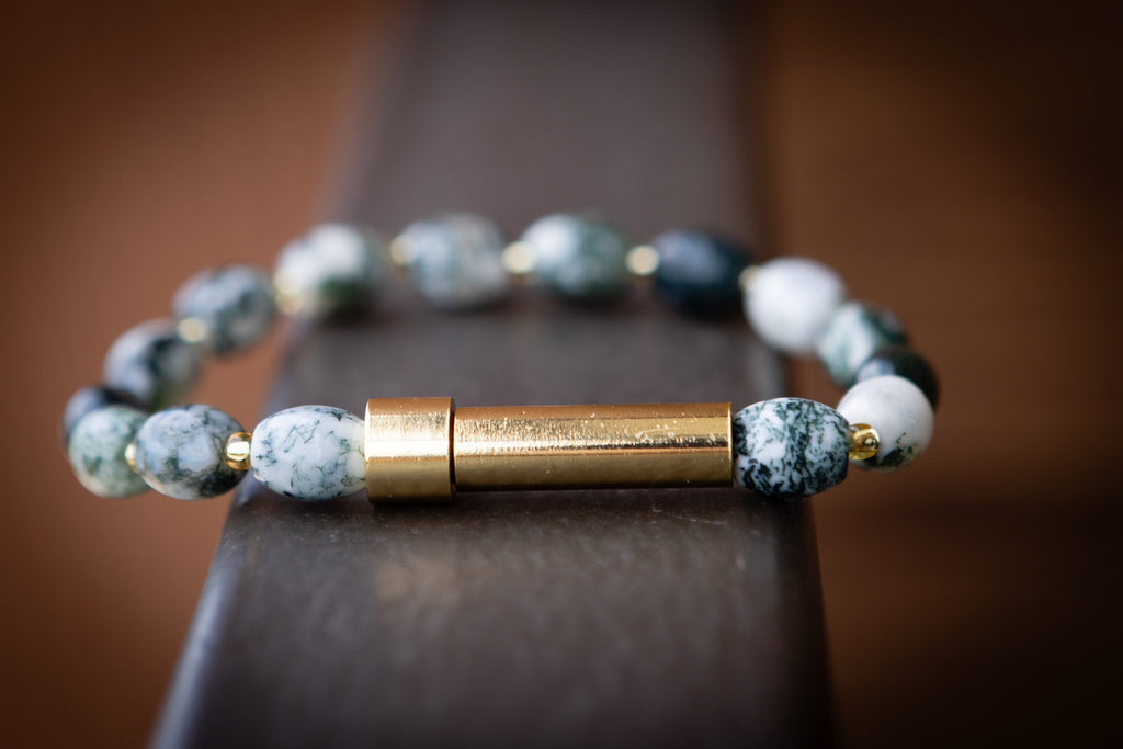 Moss Agate Barrel Bracelet for Hair Fur or Ash